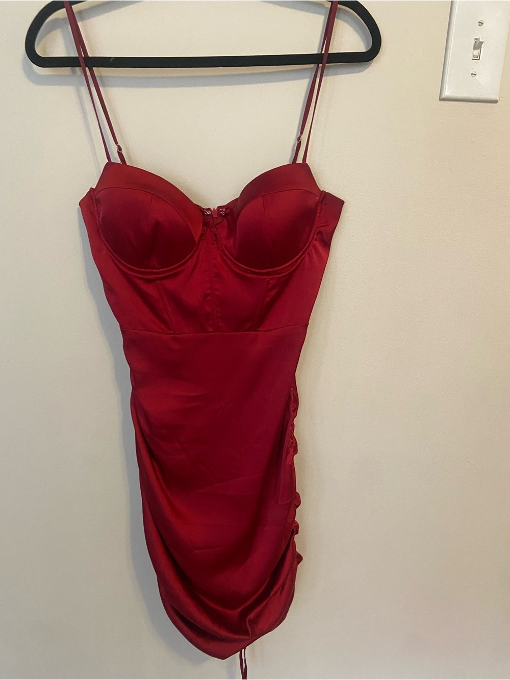 Oh Polly Deep Red Satin Corset Dress Size 6 with drawstring ruched skirt, VGC